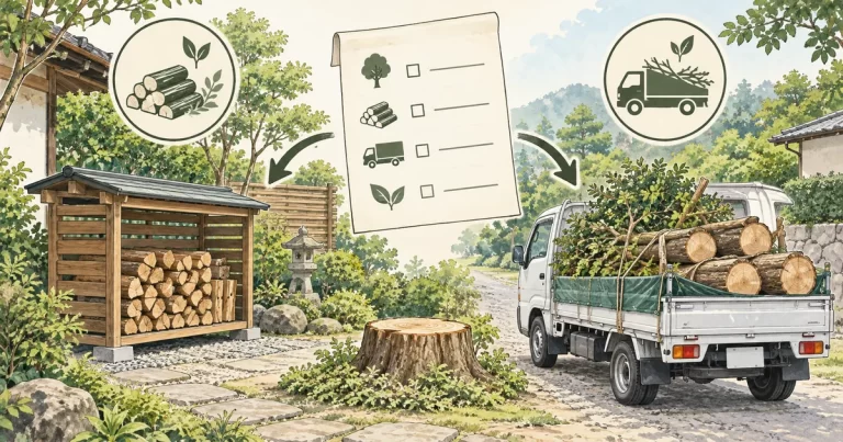 伐採木を薪用の保管場所に残す案と、枝や幹を車両で搬出する案を比較した説明用イラスト