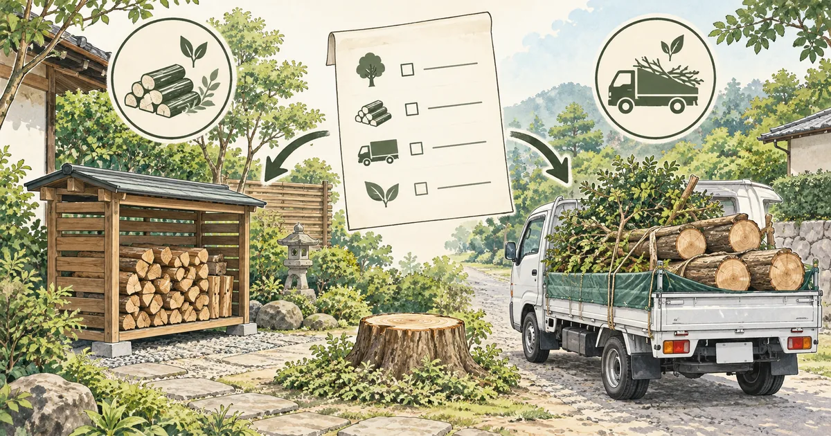 伐採木を薪用の保管場所に残す案と、枝や幹を車両で搬出する案を比較した説明用イラスト