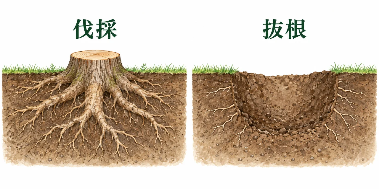 伐採後に切り株と根が残る状態と、抜根で切り株と主な根を取り除いた状態を比べた断面イラスト