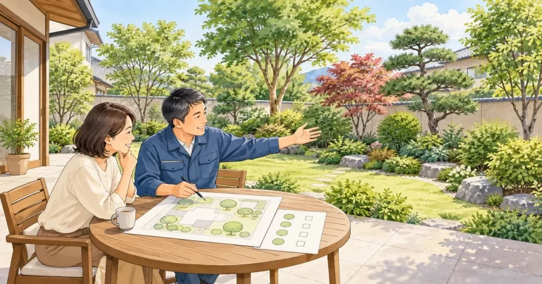 複数の庭木がある庭で、図面を見ながら依頼範囲を相談する所有者と担当者の説明用イラスト