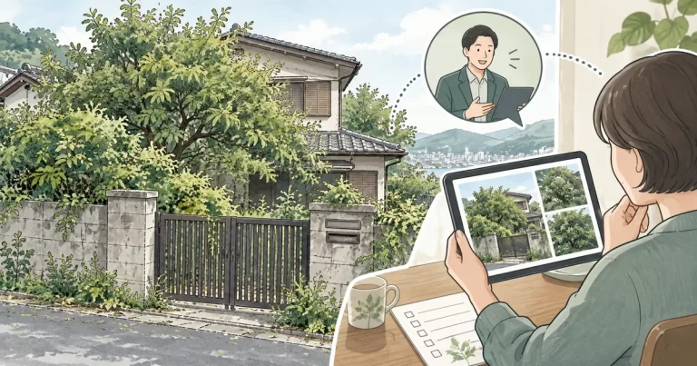 庭木が茂った空き家と、離れた場所から写真を見て相談する所有者を描いた説明用イラスト